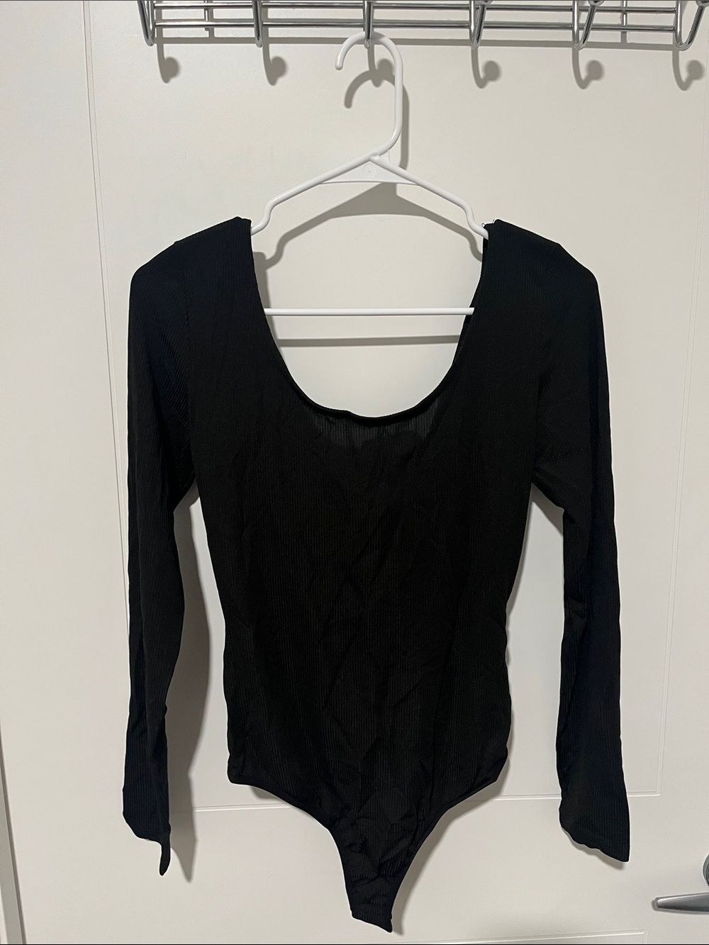 Bebe Black Ribbed Ribbon Tie Back Long-Sleeve Scoop Neck Bodysuit NWT